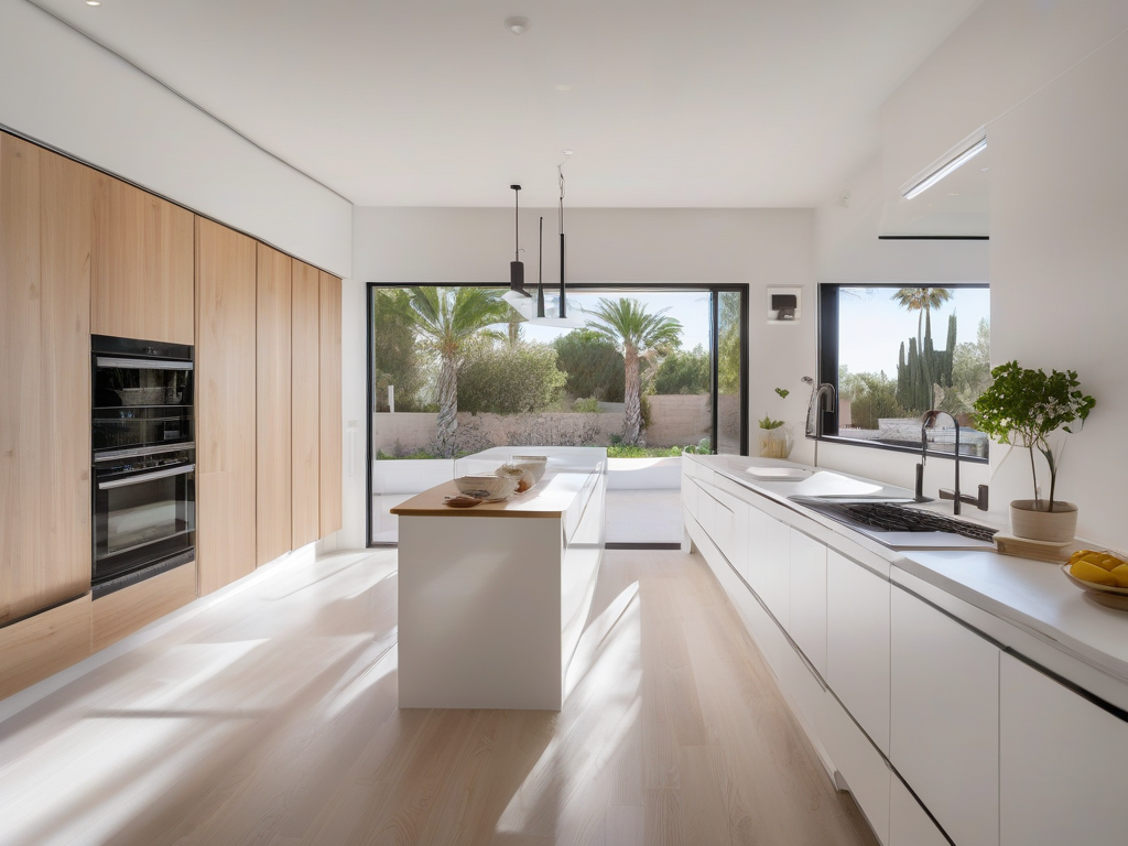 Cocina moderna reformada con encimeras claras y electrodomésticos de acero inoxidable, un ejemplo de reforma de alta calidad en Elche.